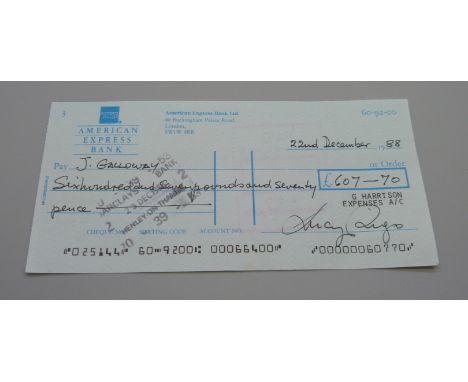 An Amex Bank cheque, 'George Harrison Expenses A/C', Pay J. Galloway, The Beatles