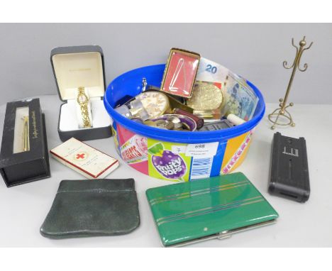 Assorted items including an Art Deco cigarette case, perfumes, medallion, etc.