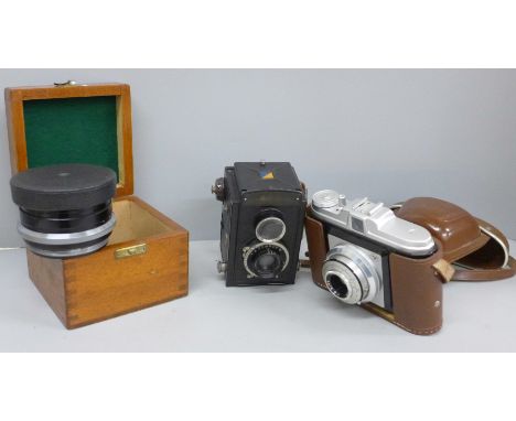 A Voightlander camera, an Agfa camera and a Wray London Lustrar f.10 camera lense, cased
