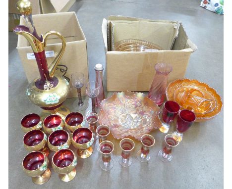 Carnival glass and ruby glass with gilt detail **PLEASE NOTE THIS LOT IS NOT ELIGIBLE FOR IN-HOUSE POSTING AND PACKING** 