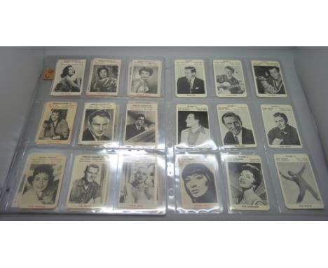 Movie stars, Maple Leaf Gum 1953 and 1954, Monty Gum 1958 and Italian Kodak 1960s, various series of playing cards of movie s