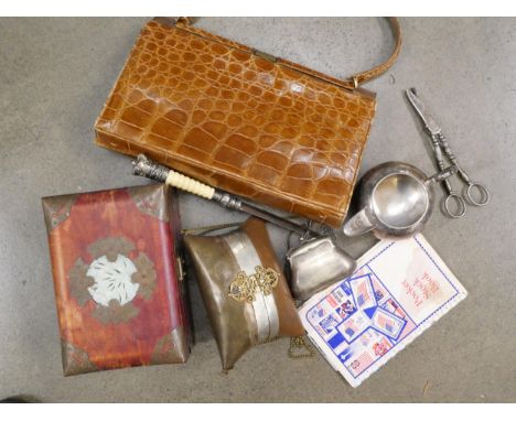 A collection of items including 1950s handbag, purse, stamps, a jewellery box with jade style panel to lid, etc. **PLEASE NOT