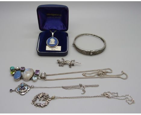 A collection of silver and white metal jewellery including an enamel and stone set drop pendant (a/f), 51g total weight