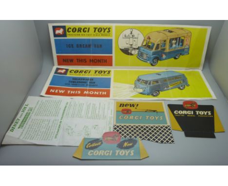 Corgi Toys advertising leaflets, cards, and a Dinky Toys 101L Thunderbirds 2 &amp; 4 leaflet in French, (6)