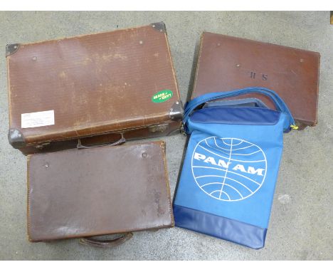 A Pan Am flight bag and three suitcases **PLEASE NOTE THIS LOT IS NOT ELIGIBLE FOR IN-HOUSE POSTING AND PACKING** 