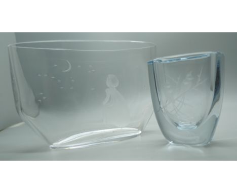 Two pieces of Orrefors glass, a small vase with etched bird design and a larger vase depicting a young girl, heights 8cm and 