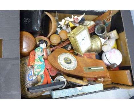 A Mappin &amp; Webb carriage clock, barometer, serpentine vase, carved wooden items, etc. **PLEASE NOTE THIS LOT IS NOT ELIGI