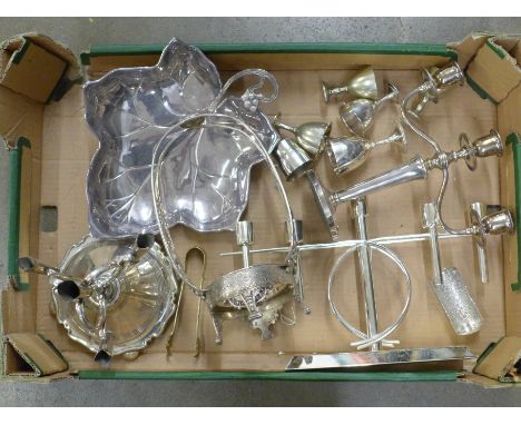 A collection of silver plated items including a bowl in the form of a leaf, an epergne stand, candelabra, etc. **PLEASE NOTE 