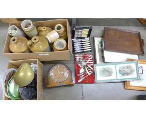Stoneware bottles, a clock with chiming movement, a set of balance scales with weights, two hunting prints, fish knives and f