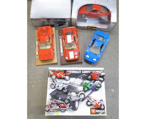 Six Bburago die-cast models and some motorcycles 