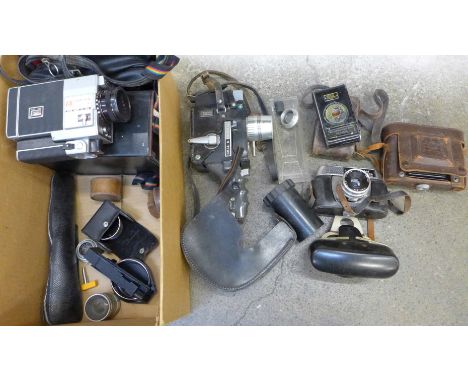 Vintage cameras, three still and two cine, lenses, etc.