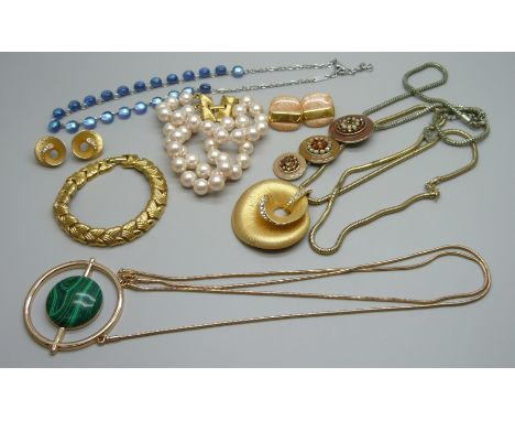 A collection of designer costume jewellery including two bracelets, a pair of earrings by Monet, necklets by DG and Rozetta ,