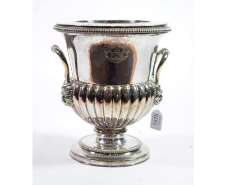 An Old Sheffield Plate Wine Cooler, 1st half 19th Century, of part fluted campana shape with lion mask handles, engraved with