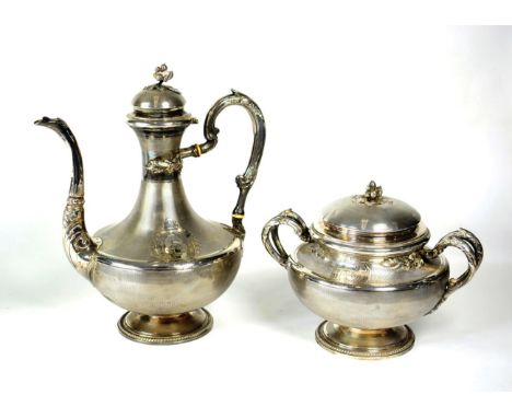 A French Silver Coffee Pot and Twin Handled Sugar Bowl, Fray Fils, Paris, last quarter 19th Century, circular with allover en