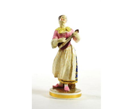 A Derby Porcelain Figure of a Musician, circa 1830, after a Meissen original, the standing girl playing a lute on a gilt line