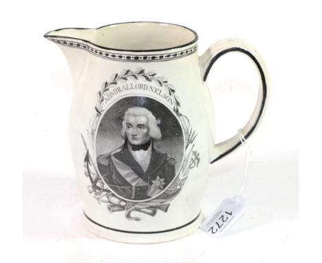 A Creamware Nelson Commemorative Jug, 19th century, of baluster form, printed in black with a bust portrait inscribed ADMIRAL