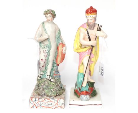 A Staffordshire Pearlware Figure of APOLLO, circa 1820, the standing god on a marbled titled rectangular base, 23cm high; and
