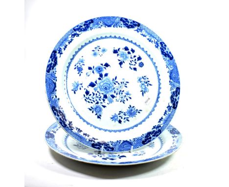 A Pair of Chinese Porcelain Circular Dishes, Qianlong, painted in underglaze blue with flower sprigs within diaper, scroll an