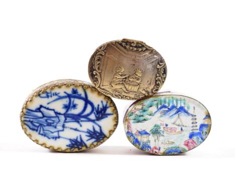 A Canton Enamel Snuff Box and Cover, 19th century, of oval form, painted in famille rose enamels with a river landscape on a 