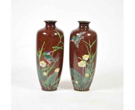 A Pair of Japanese Cloisonné Enamel Vases, Meiji period, of baluster form, decorated with kingfishers amongst foliage on a br
