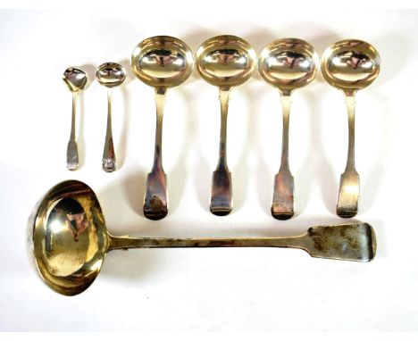 A George IV Silver Fiddle Pattern Soup Ladle, Jonathan Hayne, London 1823; A Set of Four Silver Fiddle Pattern Sauce Ladles, 