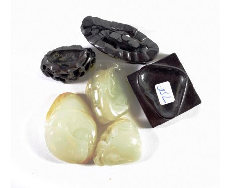 A Chinese Jade Carving, of a fruiting peach branch, 6cm long; A Similar Carving, 5cm long; and Another Carving, 7cm long (3)