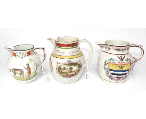 A Pearlware Jug, dated 1801, initialled in brown HB 1801 and painted with an armorial and a landscape, 16cm high; A Similar J