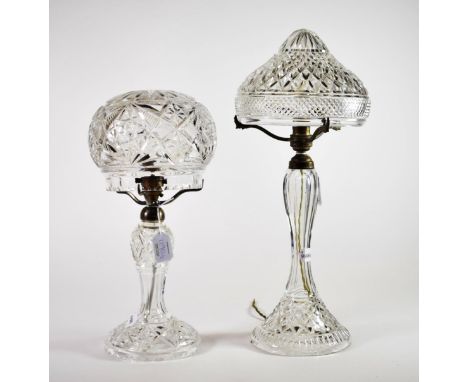 A Cut Glass Mushroom Lamp, early 20th century, with domed shade, baluster stem and domed foot, 47cm high; and A Similar Small