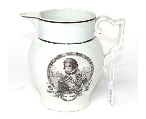 A Pearlware Nelson Commemorative Jug, early 19th century, printed in black with a bust portrait inscribed ENGLAND EXPECTS EVE