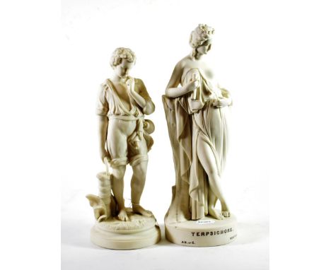 A Parian Figure of Terpsichore, circa 1860, after the model by William Beattie, the standing classical maiden on a circular b
