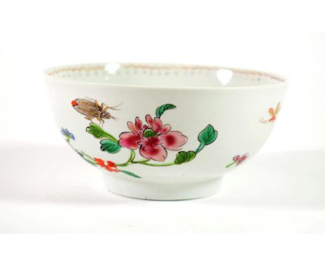 A Vauxhall Porcelain Sugar Bowl, circa 1760, painted in famille rose enamels with a beetle amongst sprigs of foliage, 13cm di