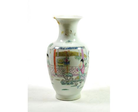 A Chinese Porcelain Baluster Vase, with flared neck, painted in famille rose enamels with maidens in a garden, bears four cha