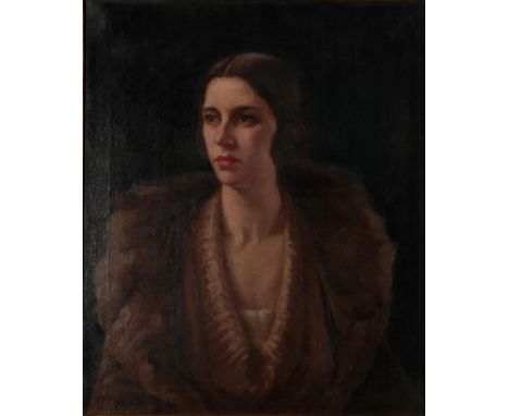 English School (early 20th century)  Portrait of an elegant lady in a fur trimmed coat  Oil on canvas, 60cm by 50cm