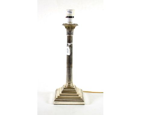 A George V Silver Corinthian Column Table Lamp, Hawksworth, Eyre &amp; Co, Sheffield, 1918, with fluted column and bead borde