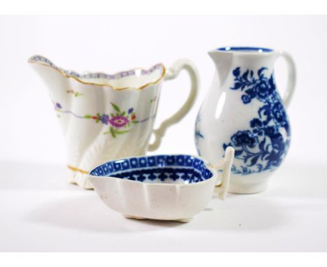 A Caughley Porcelain Chelsea Ewer, circa 1790, painted with formal flowersprays, 11.5cm wide; A Similar Fisherman Pattern Lea