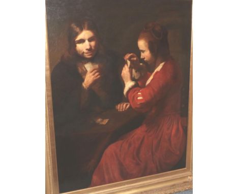 After Rembrandt Harmenszoon van Rijn (1606-1669) Dutch A young man and a girl playing cards  Oil on canvas, 118cm by 93cm  Th