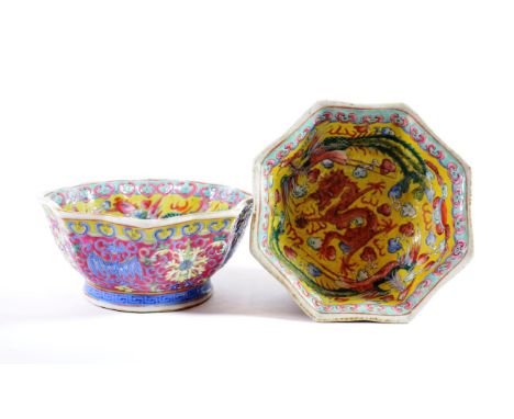 A Pair of Chinese Porcelain Octagonal Bowls, Qianlong reign mark but not of the period, painted with mythical beasts amongst 