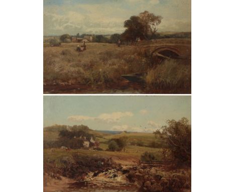 William Manners (1860-1930) Threshing by a stream Signed and dated 1896, oil on board, together with another of children play