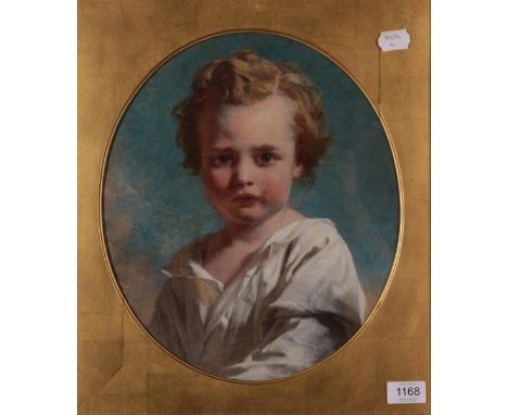 Manner of William Etty (1787-1849) Portrait of a young boy in a white blouse Oil on canvas, 34cm by 29cm. (oval)  