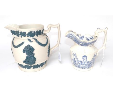 A Smear Glazed Stoneware Jug, circa 1830, moulded and applied in blue with a bust portrait of a lady, a bird perched in a lau