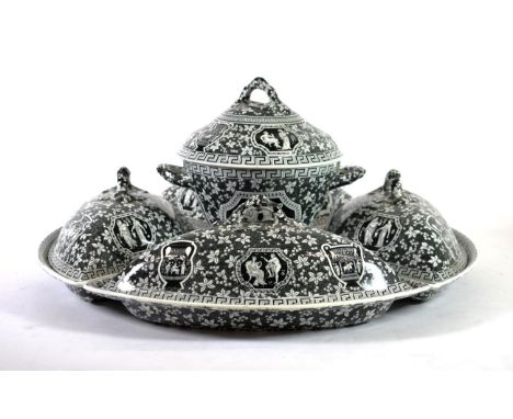 A Copeland Spode Supper Set, circa 1900, printed in black with the GREEK pattern, printed marks, 54cm diameter overall