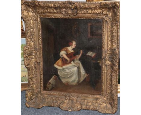 After Gerard Ter Borch (1617-1681) Dutch Woman seated at a desk playing a lute Oil on canvas, 53cm by 43cm  