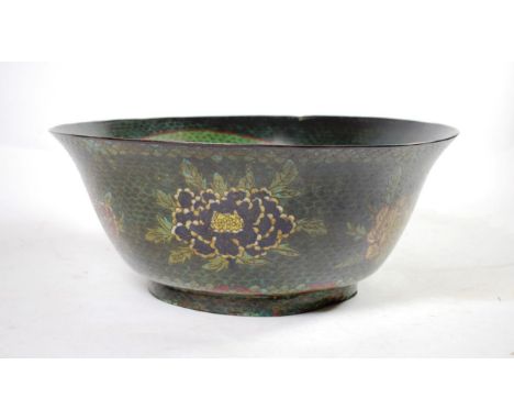 A Chinese Cloisonné Enamel Punch Bowl, Qing Dynasty, 19th century, decorated with a lion dog and panels of birds in branches,