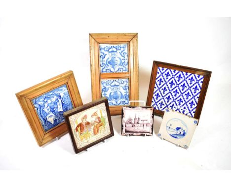 A Pair of Delft Tiles, 18th century, painted in blue with vases within foliate and strapwork borders, 12.5cm square; A Simila