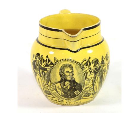 A Yellow Glazed Pearlware Nelson Commemorative Jug, 1st half 19th century, printed in black with a bust portrait flanked by s
