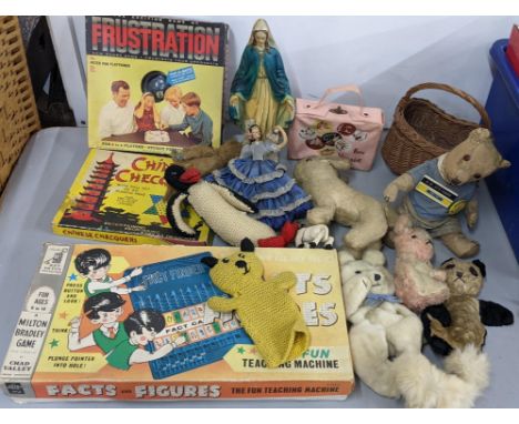 A box of vintage toys and other items to include a blond teddy bear and Sweep puppet and games, boxedLocation:If there is no 