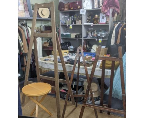 A mixed lot to include a fold up tripod table together with three vintage easelsLocation:If there is no condition report, ple