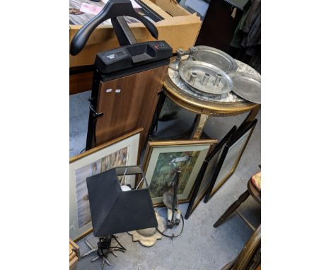 A mixed lot to include mixed pewter including Kenneth Turner, a hanging Gothic style chandelier, table lamp, two prints, two 