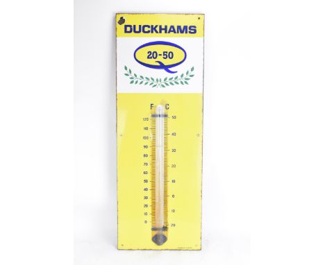 A Duckhams 20-50 Motor Oil advertising enamel sign with central thermometer, by Burnham, London, 91.5 x 33cmLocation:RWBIf th