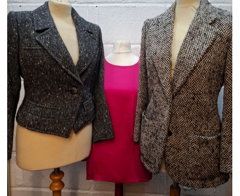 YSL-Three Rive Gauche items comprising a fuchsia satin blouse European size 36, a grey, white, brown and black boucle mohair 